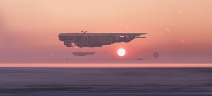 sunset, artwork, futuristic, sky, Sun, science fiction, spaceship, sea, digital art