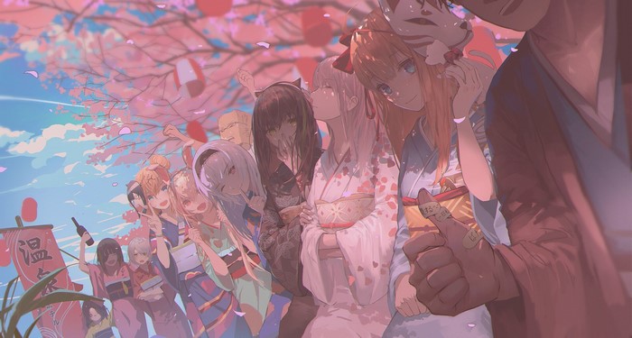 anime girls, digital art, yukata, Beonger, cherry blossom