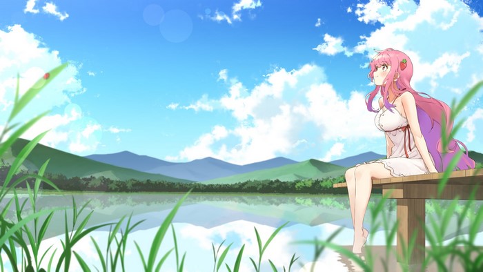 pink hair, landscape, dress, anime, long hair, Electriccross, anime girls
