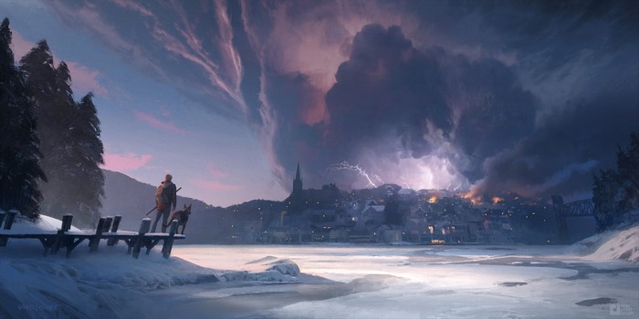 landscape, animals, men, Richard Wright, digital art, storm, dark, lightning, Thunderbolt, illustration, clouds, winter, nature, artwork, sky, snow, ArtStation, dog