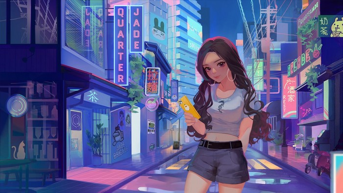 digital art, women, illustration, animation, character design, town, anime girls, fuwaffy