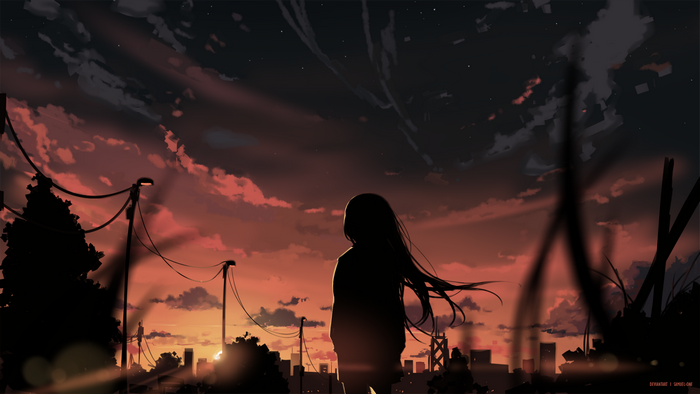 digital art, clouds, DeviantArt, artwork, digital painting, anime, Arttssam, sunset