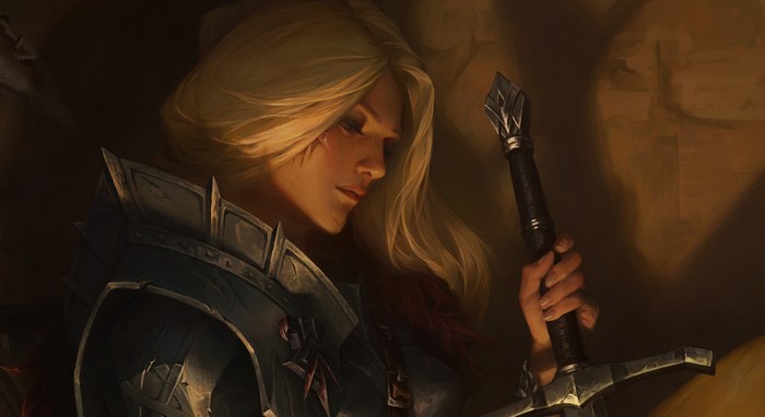 weapon, fantasy girl, ArtStation, face, blonde, artwork, fantasy art, XiaoGuang Sun, sword, armored, girls with swords