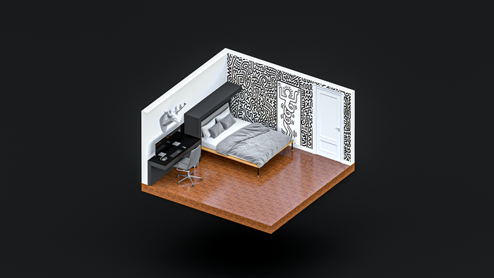 4K, bedroom, Keith Haring, interior, minimalism, room, simple background, black background, digital art, CGI, isometric, render