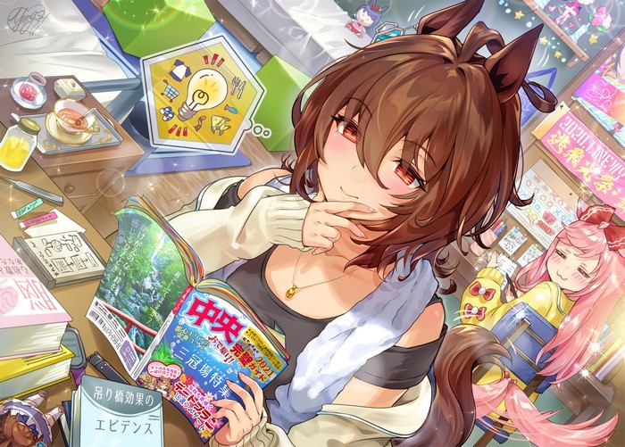 Agnes Digital (Uma Musume), anime girls, looking away, pink nails, long nails, tail, Ogino Atsuki, Uma Musume Pretty Derby, brunette, long hair, fan art, magazines, ahoge, anime, 2D, closed eyes, artwork, yellow sweater, animal ears, room, short hair, women indoors, red eyes, reading, sitting, Agnes Tachyon (Uma Musume), bangs, UwU, pink hair, blushing, horse girls