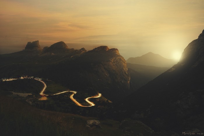 cliff, sky, sunlight, road, landscape, bright, horizon, Matteo Sciarra, trees