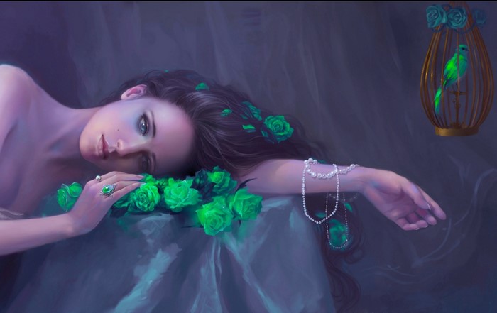 artwork, animals, women, portrait, looking away, birds, rings, blue eyes, hands, face, birdcage