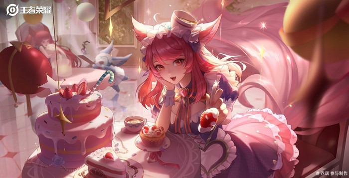 redhead, cake, sweets, Honor of Kings, strawberries, Da Ji(Honor of Kings), animal ears, drawing, cup, anime girls, food, 3Q Studio, tail, looking at viewer, smiling