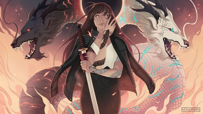 Mona Finden, chinese dragon, tattoo, digital art, loong, katana, dragon