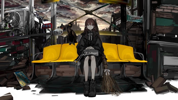 anime girls, witch, leather boots, broom, hand bags, anime, sitting down, bangs, ɴᴀʀᴜᴇ, jacket, artwork, raven, brunette, trash, Gothic, brown eyes, 2D