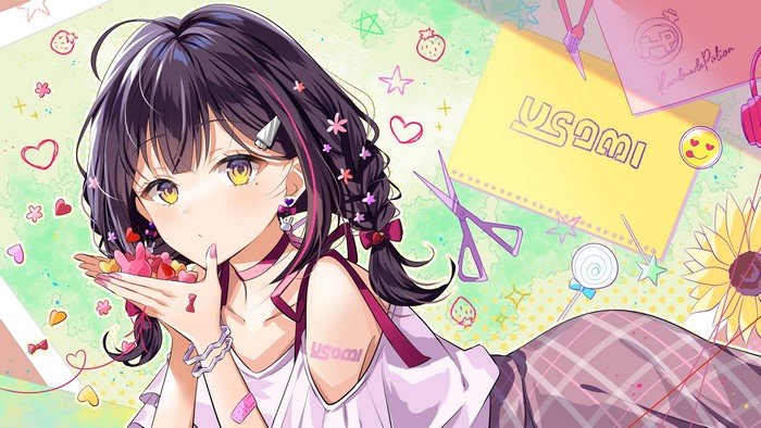 4K, twintails, lollipop, yellow eyes, lying on front, short hair, skirt, long earings, anime girls, Usami Moe, candy, Myusha, braids, ribbons, hair pins