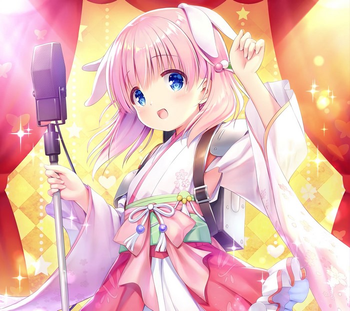 microphone, singing, Japanese kimono, blue eyes, looking at viewer, loli, open mouth, Haizakura, anime girls, prima doll, anime, pink hair, Na-Ga, sparkles, short hair