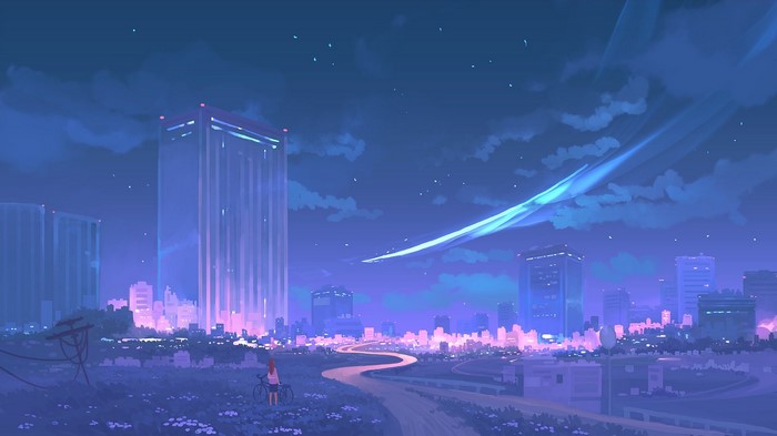 night, stars, artwork, city, shooting stars, sky