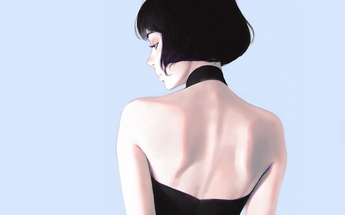 Ilya Kuvshinov, black hair, dark hair, back, artwork, bare shoulders, women, cyan background, simple background, face