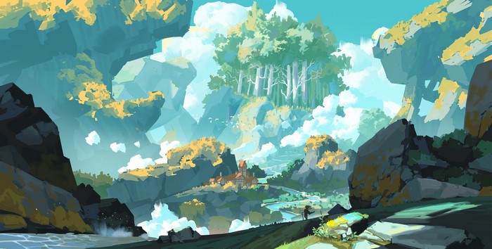 trees, landscape, forest, Aze K, digital art, fantasy art