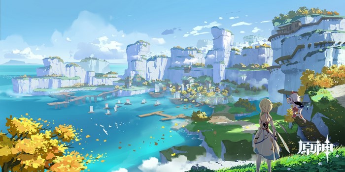landscape, digital art, water, Aze K, fantasy city, fantasy art, Genshin Impact, clouds, harbor, anime