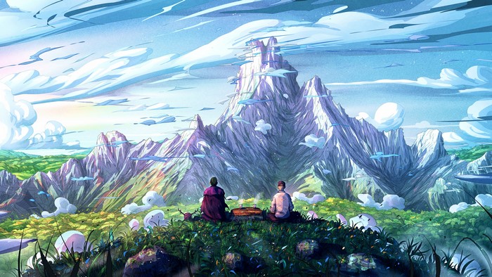 4K, clouds, Christian Benavides, mountains, antlers, mountain top, tea, fantasy art, digital art