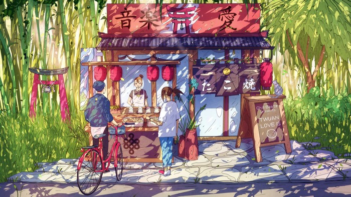 4K, rice balls, Asian architecture, bamboo, digital art, fantasy art, Christian Benavides, bikes