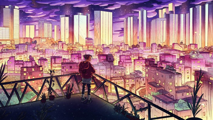 4K, landscape, cityscape, Christian Benavides, clouds, plants, digital art, starry night, headphones, fantasy art