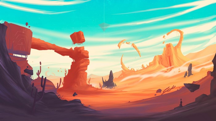 rock formation, Christian Benavides, digital art, surreal, pyramid, dunes, fantasy art, cactus, desert