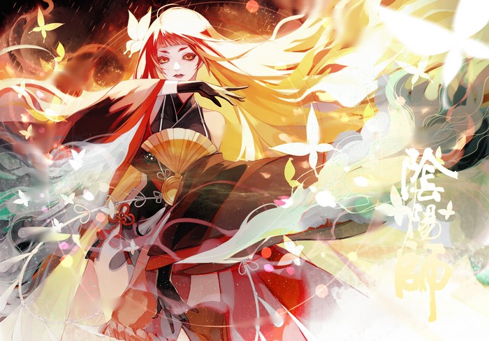 anime girls, hand fan, flowers, red eyes, redhead, black gloves, anime, looking at viewer, starfall, kimono, butterfly, long hair, petals, stars