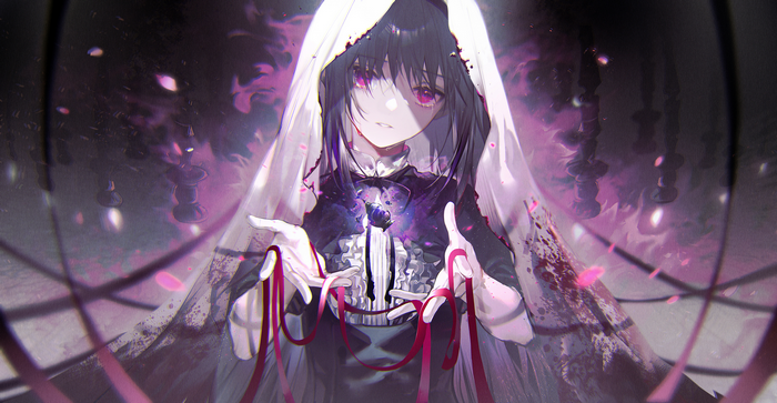 purple eyes, petals, anime girls, long hair, looking at viewer, Akemi Homura, magic, crying, ribbons, cloack, black hair, Mahou Shoujo Madoka Magica, anime, blood