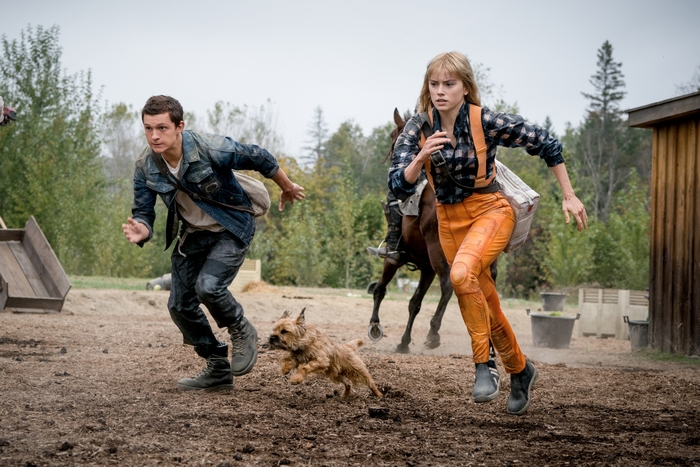 Tom Holland and Daisy Ridley running with a dog