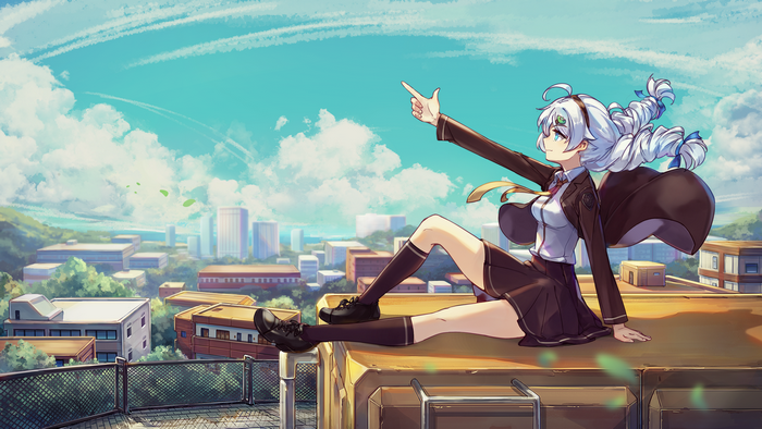 rooftops, anime girls, cityscape, Guns GirlZ, Benghuai Xueyuan 2, Kiana Kaslana, Honkai, blue eyes, Honkai Impact 3rd, silver hair, school uniform, Honkai Impact, 2D