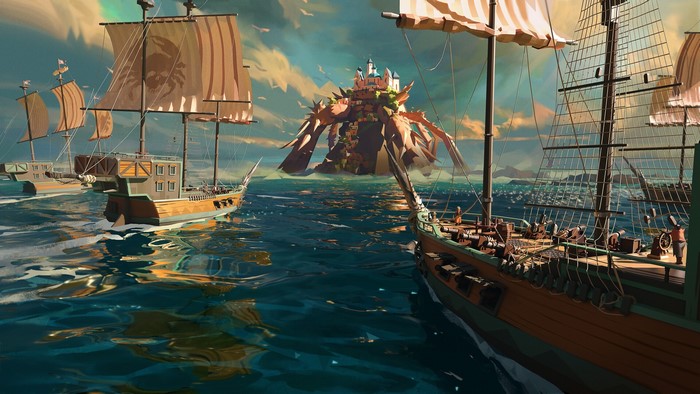 sea, P Torinno, digital art, sailing, Pirate ship, landscape, ship, castle, crabs, artwork, ArtStation, Pirate Flag, reflection, sailing ship
