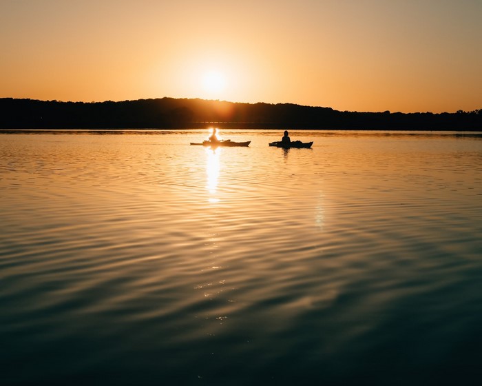sunset, lake, landscape, kayaks