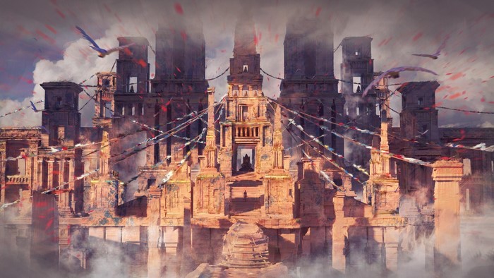 fantasy art, Dan Roff, Indian Architecture, digital art, birds