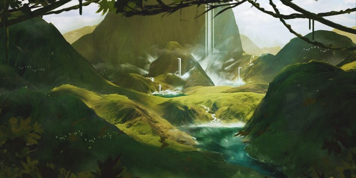 river, forest, waterfall, Dan Roff, digital art, birds