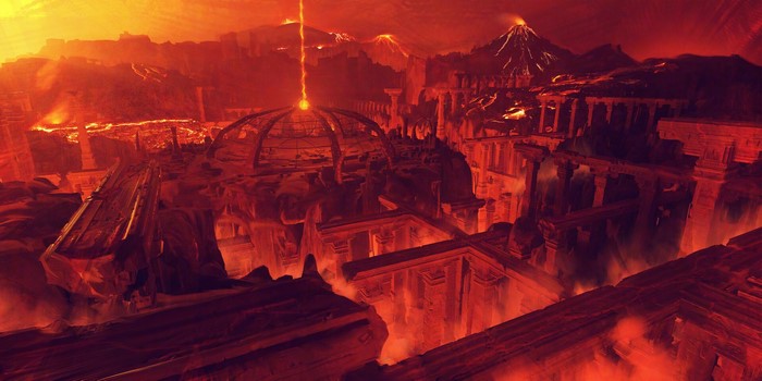 Dan Roff, digital art, ruins, volcano, red, Pompeii, fantasy art