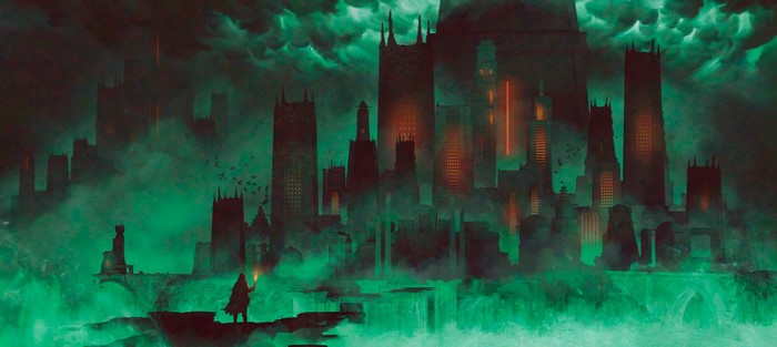 birds, cityscape, fantasy city, Dan Roff, dark, digital art