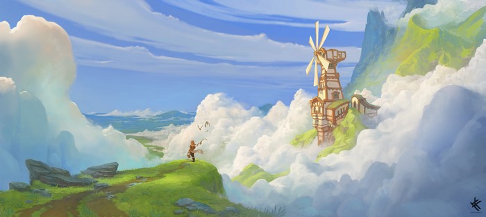 windmill, fantasy art, clouds, birds, landscape, digital art, Chris Karbach