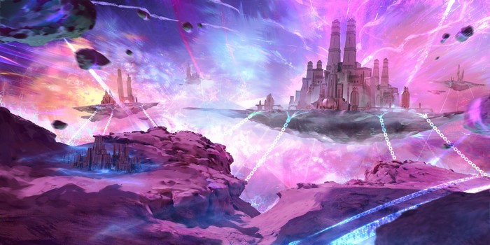 fantasy architecture, chains, digital art, fantasy city, Dan Roff, surreal, pink