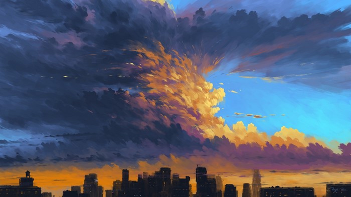BisBiswas, digital art, artwork, cityscape, clouds