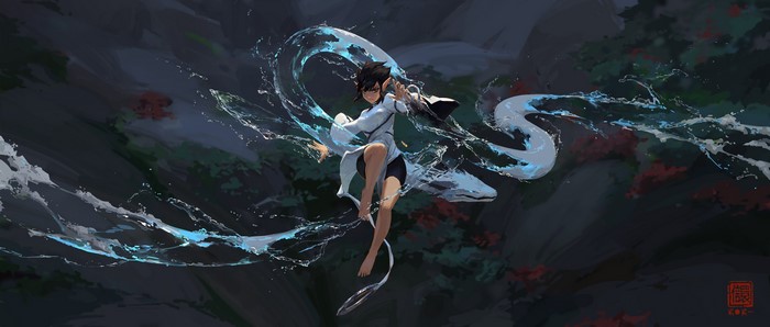 dark skin, snake, Kan Liu, pointy ears, artwork, anime girls, water, digital art