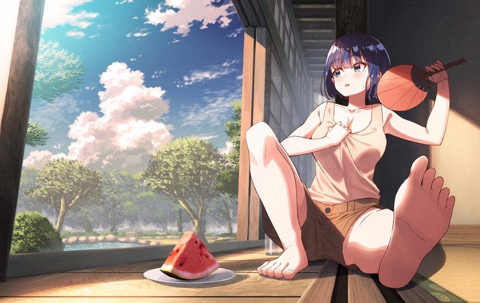 Komizuki Sitting with Watermelon on Summer Day