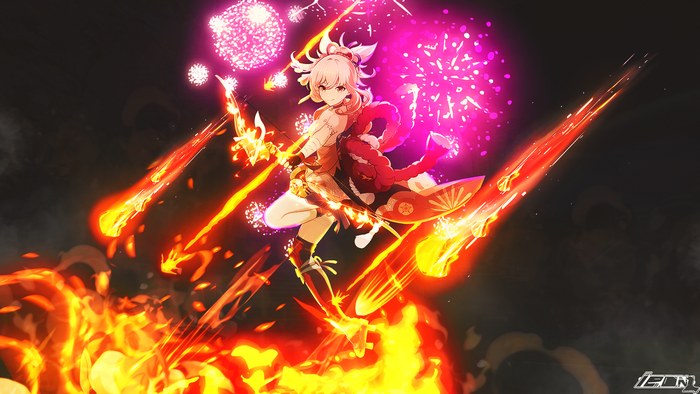 fire, anime girls, Yoimiya (Genshin Impact), Genshin Impact