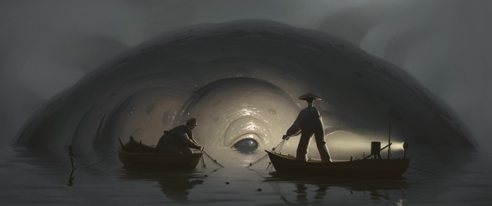 4K, creature, Stefan Hansson, artwork, ArtStation, men, water, fantasy art, boat
