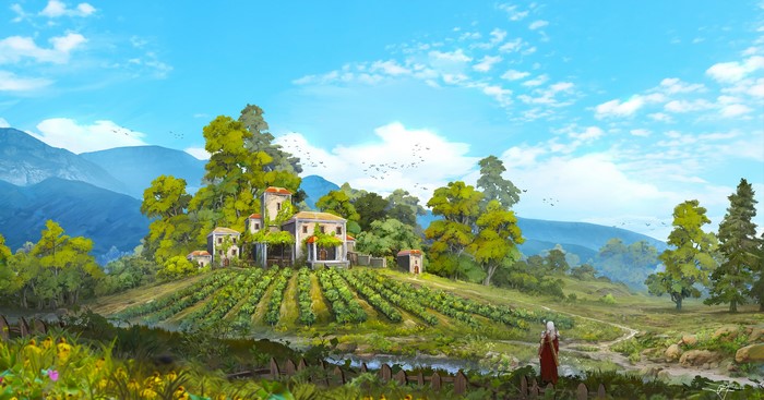 farm, nature, artwork, trees, digital art