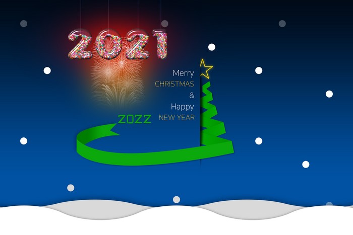 Happy New Year, fireworks, Christmas Tree, snow, Christmas
