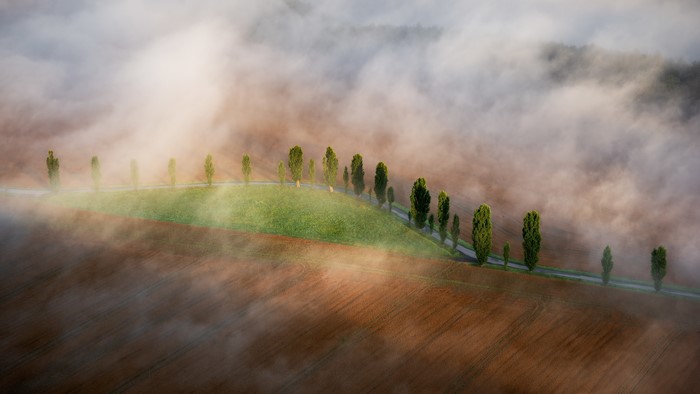 4K, aerial view, outdoors, mist, landscape, field