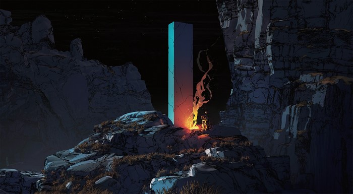 Amir Zand, rock, astronaut, fireplace, landscape, artwork