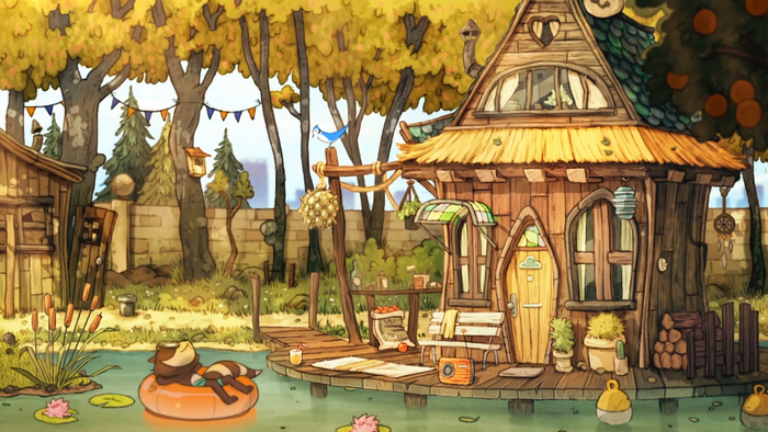 raccoons, blue jays, trees, flowerpot, bench, Jeoffrey Magellan, Tevy Dubray, radio, dreamcatchers, Anthro, boathouses, cattails, log, lily pads