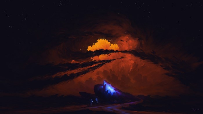 sky, illustration, dark, digital art, BisBiswas, artwork, stars