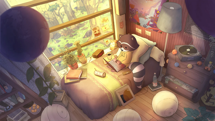 vinyl, Chillhop Music, mug, laptop, coffee, bed, bedroom, nightstand, Jeoffrey Magellan, lamp, Anthro, raccoons, books, bookshelf, backpacks, alarm clock, flowerpot, record players