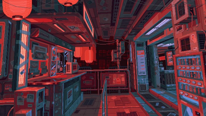 waneella, red light, pixel art