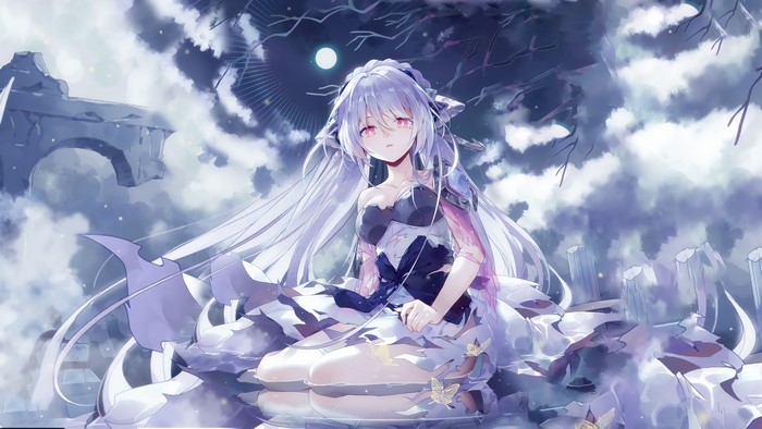 silver hair, Houkai Gakuen, Purple (artist), anime, game characters, long hair, 2D, red eyes